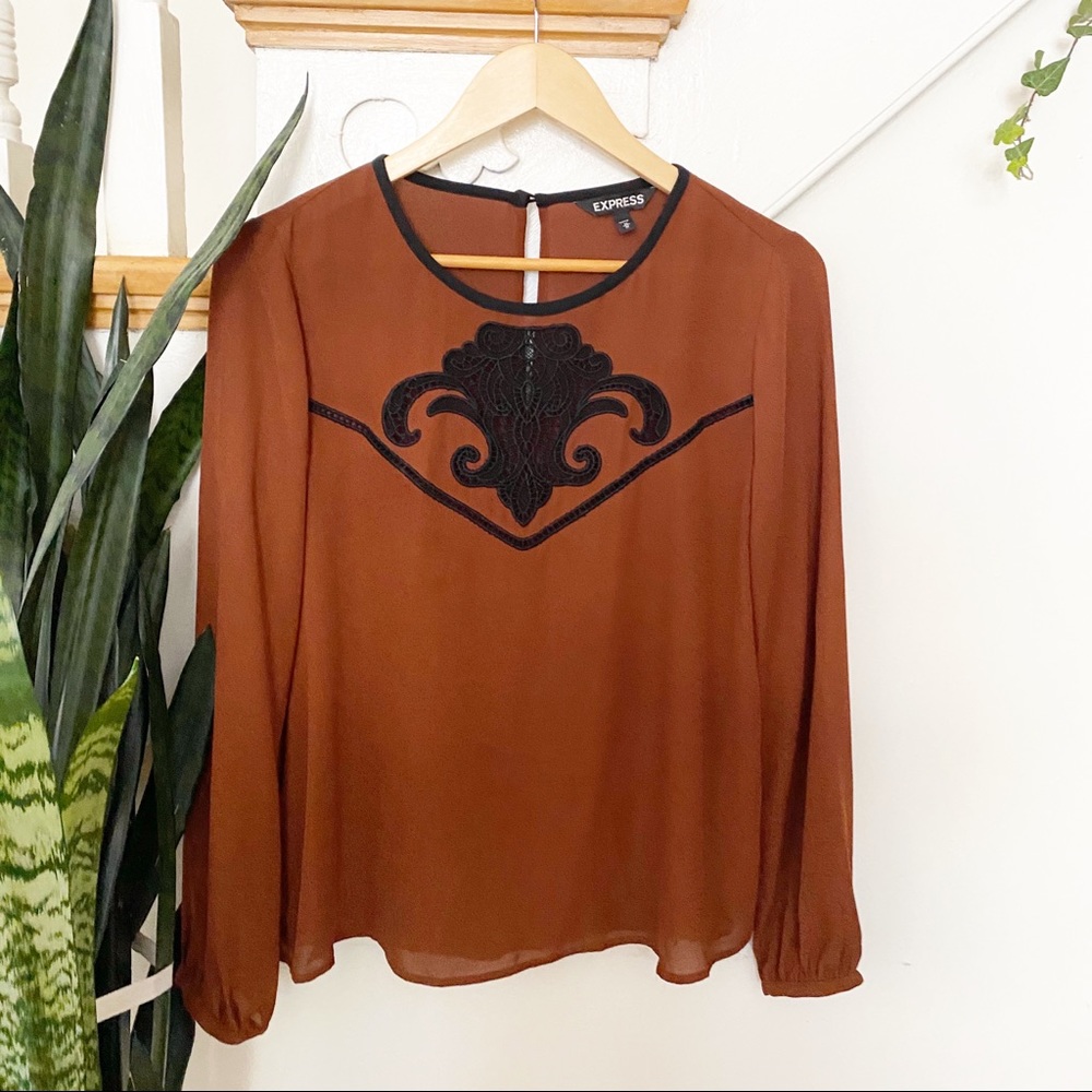Express Rust Brown Long Sleeve Blouse with Black Appliqué